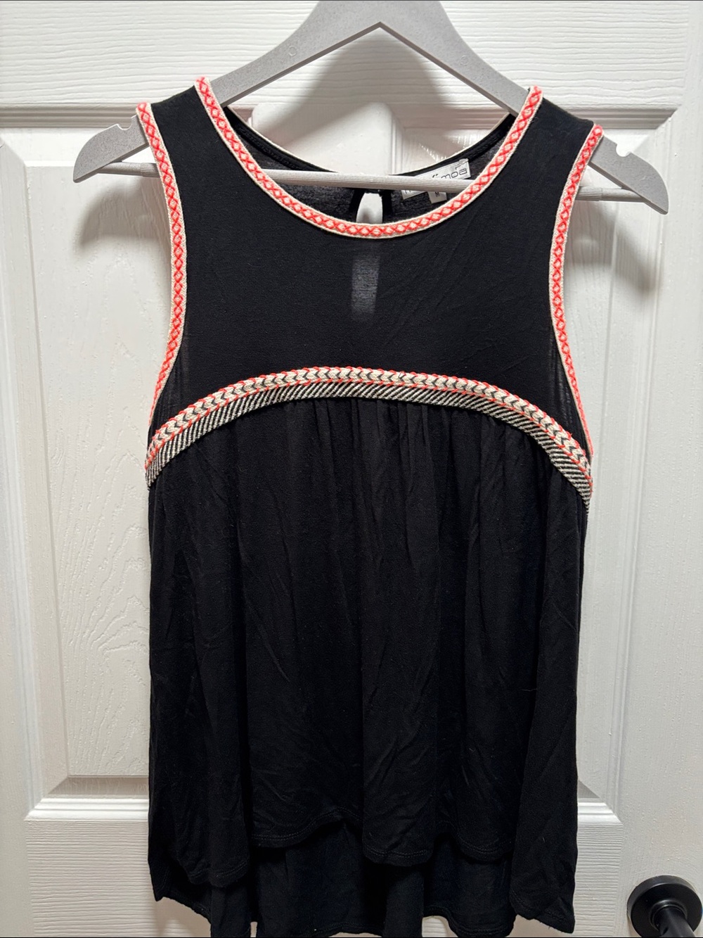 Moa Moa Black Tank Top with Coral and Cream Braided Trim
